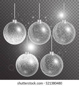 Christmas decoration ball. New year toy. Winter lights. Set of holiday elements. Vector illustration of a transparent backdrop. 