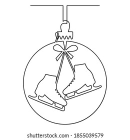 Christmas decoration ball with skates pattern, continuous line. Vector illustration, isolated on white background.