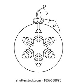 Christmas decoration ball with snowflake pattern, continuous line. Vector illustration, isolated on white background.