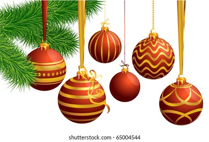 Christmas decoration with balloons, ribbons and pine branch. Vector template.