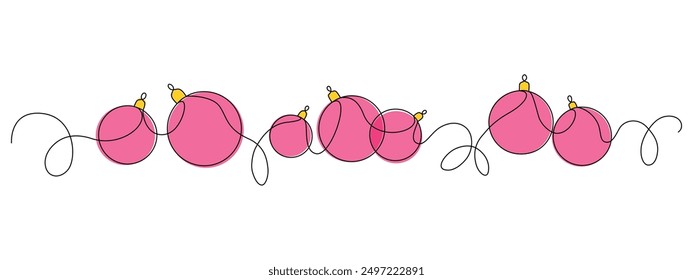 Christmas decoration with balls, drawn with continuous line in minimalism, single line. Editable vector contour.


