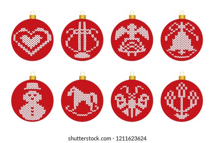 Christmas decoration balls with knitted texture in scandinavian style on white background. Vector illustration.