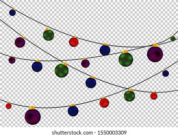 Christmas decoration. Christmas balls on transparent background. Garlands with balls.