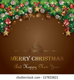 Christmas decoration with balls and stars-chocolate brown background-lights of transparency and blending effects gradient mesh EPS-10