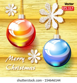 Christmas decoration balls white paper snowflake on a wooden board background vector