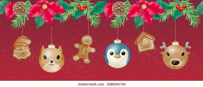 Christmas decoration banner with animal ball ornaments, gingerbread cookies and plant, drawn watercolor.