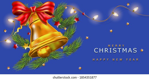 Christmas decoration banner with  fir branches, golden bell and lights on red background. Vector illustration.
