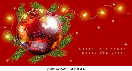 Christmas decoration banner with  fir branches, disco ball and lights on red background. Vector illustration for party.