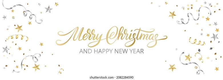 Christmas decoration banner. Merry Christmas hand drawn text. Falling confetti, festive glitter border. Golden and silver frame. For New Year and winter holiday cards, headers, party flyers. Vector.