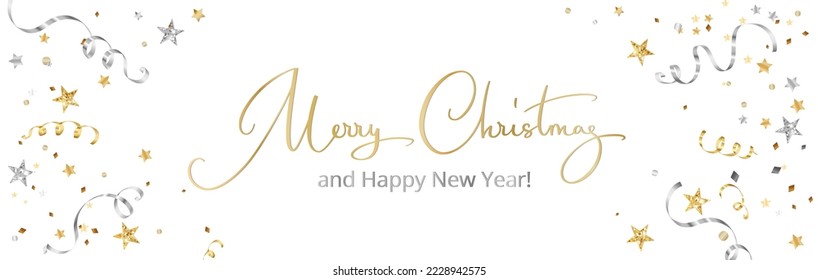 Christmas decoration banner. Merry Christmas hand drawn text. Falling confetti, festive glitter border. Golden and silver frame. For New Year and winter holiday cards, headers, party flyers. Vector.