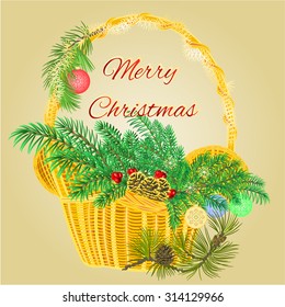 Christmas decoration basket with branches and baubles and pine cones vector illustration