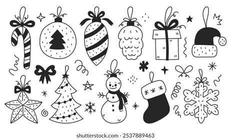 Decoração de Natal Baubles Doodle Set. Coleção desenhada à mão de símbolos de Natal Feriados, floco de neve, boneco de neve, estoque, chapéu de Papai Noel, cone, cana de doces. Ilustração vetorial