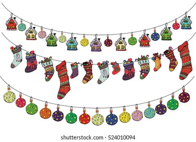 Christmas decoration baubles. A truly beautiful garland of colorful hanging Christmas sock with gifts Christmas toys balls and charming houses. Decor for page Christmas greeting card