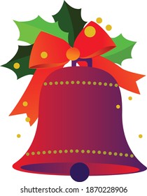 Christmas decoration bell with bow and poinsettia leaves, vector illustration