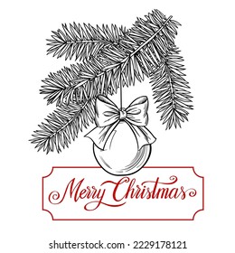 Christmas decoration bells and bow, fir brunches hand drawn sketch holiday illustration on white background template for card banner or poster.