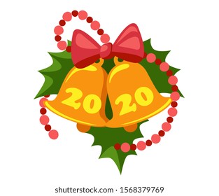 Christmas decoration bells with bow and numbers 2020, leaves and garlands