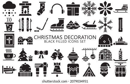 Christmas decoration black filled icons set. Winter holiday collection, snow, gloves, sled, bible and others. symbols for mobile apps, UI, UX kit and applications, EPS 10 ready convert to SVG svg