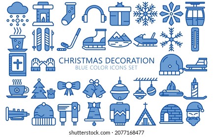Christmas decoration blue color icons set. Winter holiday collection, snow, gloves, sled, bible and others. symbols for mobile apps, UI, UX kit and applications, EPS 10 ready convert to SVG svg
