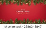 Christmas decoration border with fir branches and golden glitter confetti and sparkles of lights blur bokeh on red background. Bright Christmas and New Year design holiday frame. Vector illustration