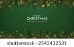 Christmas decoration border with fir branches and golden glitter confetti and sparkles of lights blur bokeh on green background. Bright Christmas and New Year design holiday frame. Vector illustration