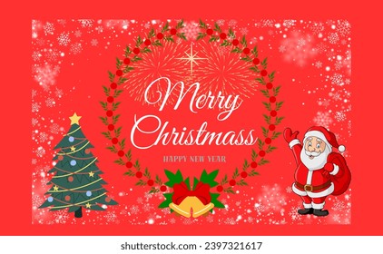 Christmas decoration border with fir branches on red background. Bright Christmas and New Year design holiday frame. Vector illustration Greeting card for Christmas and New Year with decorations