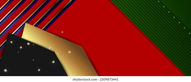 Christmas decoration border with fir branches and golden glitter confetti and sparkles of lights blur bokeh on red background. Bright Christmas 2025 2026
