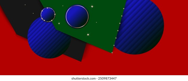Christmas decoration border with fir branches and golden glitter confetti and sparkles of lights blur bokeh on red background. Bright Christmas 2025 2026