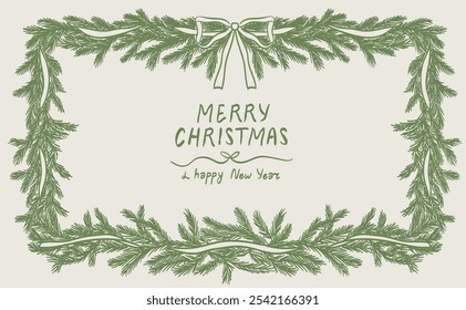 Christmas decoration border with fir branches and bow and ribbon in vintage doodle style for poster, placards and party invitations. Christmas and New Year design holiday frame vector illustration.