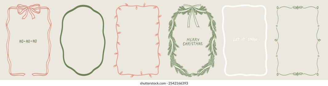 Christmas decoration border with fir branches, bow and ribbon, lights in vintage doodle style for poster, placards and invitations. Christmas and New Year design holiday frame vector illustration set.