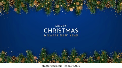 Christmas decoration border with fir branches and golden glitter confetti and sparkles of lights blur bokeh on blue background. Bright Christmas and New Year design holiday frame. Vector illustration