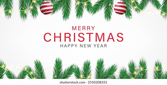 Christmas decoration border with fir branches and confetti and sparkles of lights blur bokeh on white background. Bright Christmas and New Year design holiday frame. Vector illustration