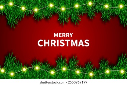 Christmas decoration border with fir branches and sparkling lights on red background.