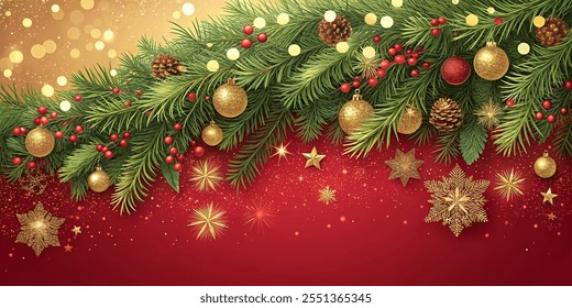 Christmas Decoration border with fir branches and golden glitter confetti and sparkles of lights blur bokeh, Vector on red background illustration.Bright Christmas and New Year design holiday frame.  