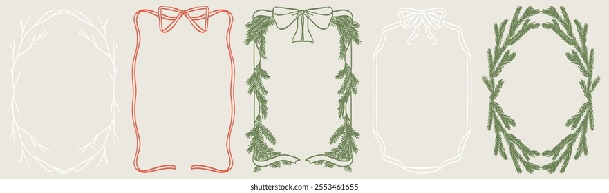 Christmas decoration border with fir branches, bow and ribbon, lights in vintage doodle style for poster, placards and invitations. Christmas and New Year design holiday frame vector illustration set.