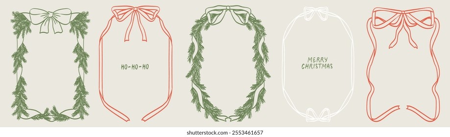 Christmas decoration border with fir branches, bow and ribbon, lights in vintage doodle style for poster, placards and invitations. Christmas and New Year design holiday frame vector illustration set.