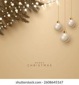 Christmas decoration border with fir branches and Christmas lights  background. Bright Christmas and New Year design holiday frame. Green and gold fir branches, gold lights vector illustration.