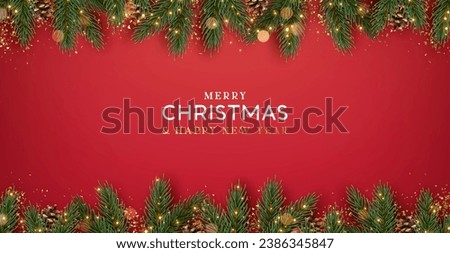 Christmas decoration border with fir branches and golden glitter confetti and sparkles of lights blur bokeh on red background. Bright Christmas and New Year design holiday frame. Vector illustration