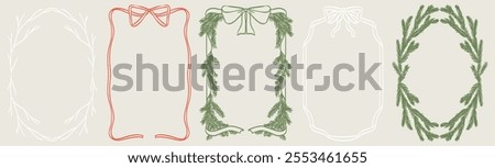 Christmas decoration border with fir branches, bow and ribbon, lights in vintage doodle style for poster, placards and invitations. Christmas and New Year design holiday frame vector illustration set.