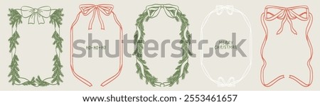 Christmas decoration border with fir branches, bow and ribbon, lights in vintage doodle style for poster, placards and invitations. Christmas and New Year design holiday frame vector illustration set.