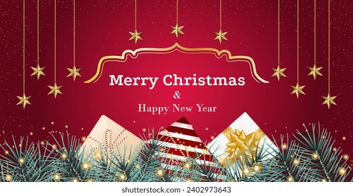 Christmas decoration border on a red background featuring fir trees, golden glitter confetti, and blur bokeh of lights. Vibrant New Year's and Christmas design holiday frame. Vector illustration