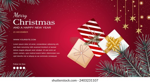 Christmas decoration border on a red background featuring fir trees, golden glitter confetti, and blur bokeh of lights. Vibrant New Year's and Christmas design holiday frame. Vector illustration