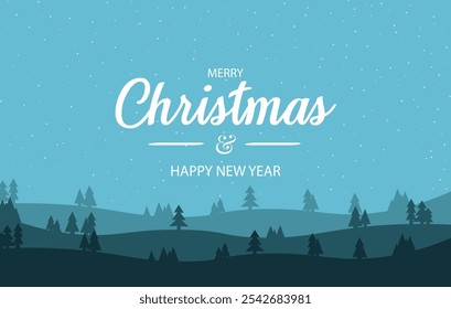 Christmas decoration border with snowy hills and pine fir tree. Blue Christmas and New Year's Eve backdrop background wallpaper. Christmas and New Year design holiday frame. Vector illustration