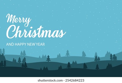 Christmas decoration border with snowy hills and pine fir tree. Blue Christmas and New Year's Eve backdrop background wallpaper. Christmas and New Year design holiday frame. Vector illustration
