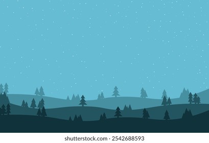 Christmas decoration border with snowy hills and pine fir tree. Blue Christmas and New Year's Eve backdrop background wallpaper. Christmas and New Year design holiday frame. Vector illustration