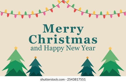 Christmas decoration border with christmas tree and snowflakes and color background. Christmas lights and New Year design holiday frame. Vector illustration