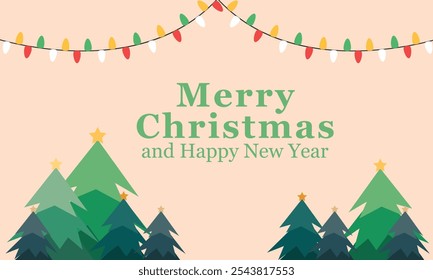 Christmas decoration border with christmas tree and snowflakes and color background. Christmas lights and New Year design holiday frame. Vector illustration
