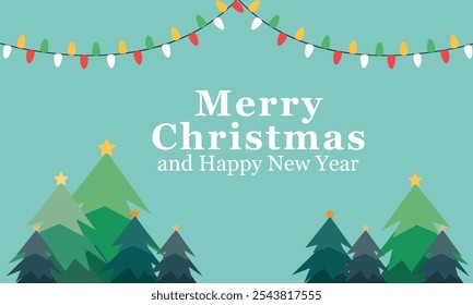 Christmas decoration border with christmas tree and snowflakes and color background. Christmas lights and New Year design holiday frame. Vector illustration