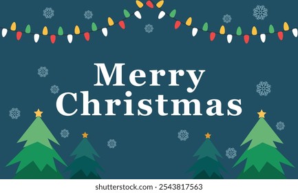 Christmas decoration border with christmas tree and snowflakes and color background. Christmas lights and New Year design holiday frame. Vector illustration