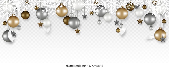 Christmas decoration border with White snowflake, Christmas ball, Stars, and Ribbon hanging on transparent background. Vector illustration.