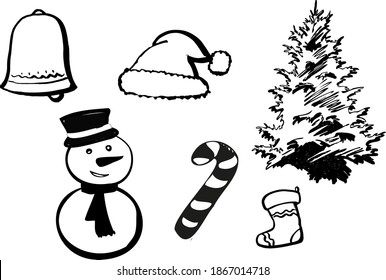 Christmas decoration calligraphy black and white set, snowman, bells, lollipop, tree and santa hat  hand made vector